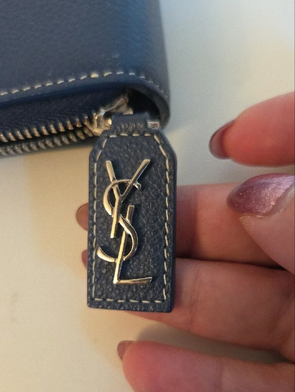 Saint Laurent Navy Pebbled Zip Wallet with Gold Logo Tag